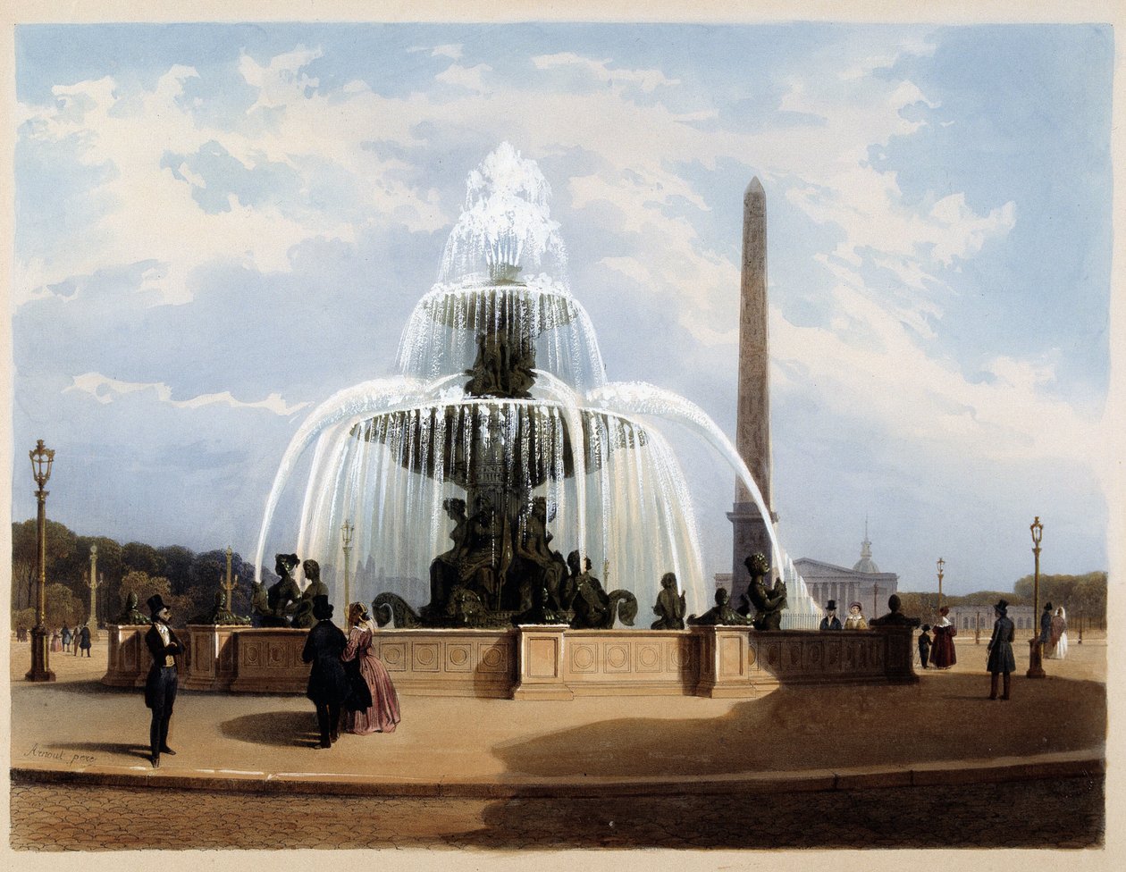 Fontän på Place de la Concorde - i "Paris en 1837" av Arnout av Louis Jules Arnout