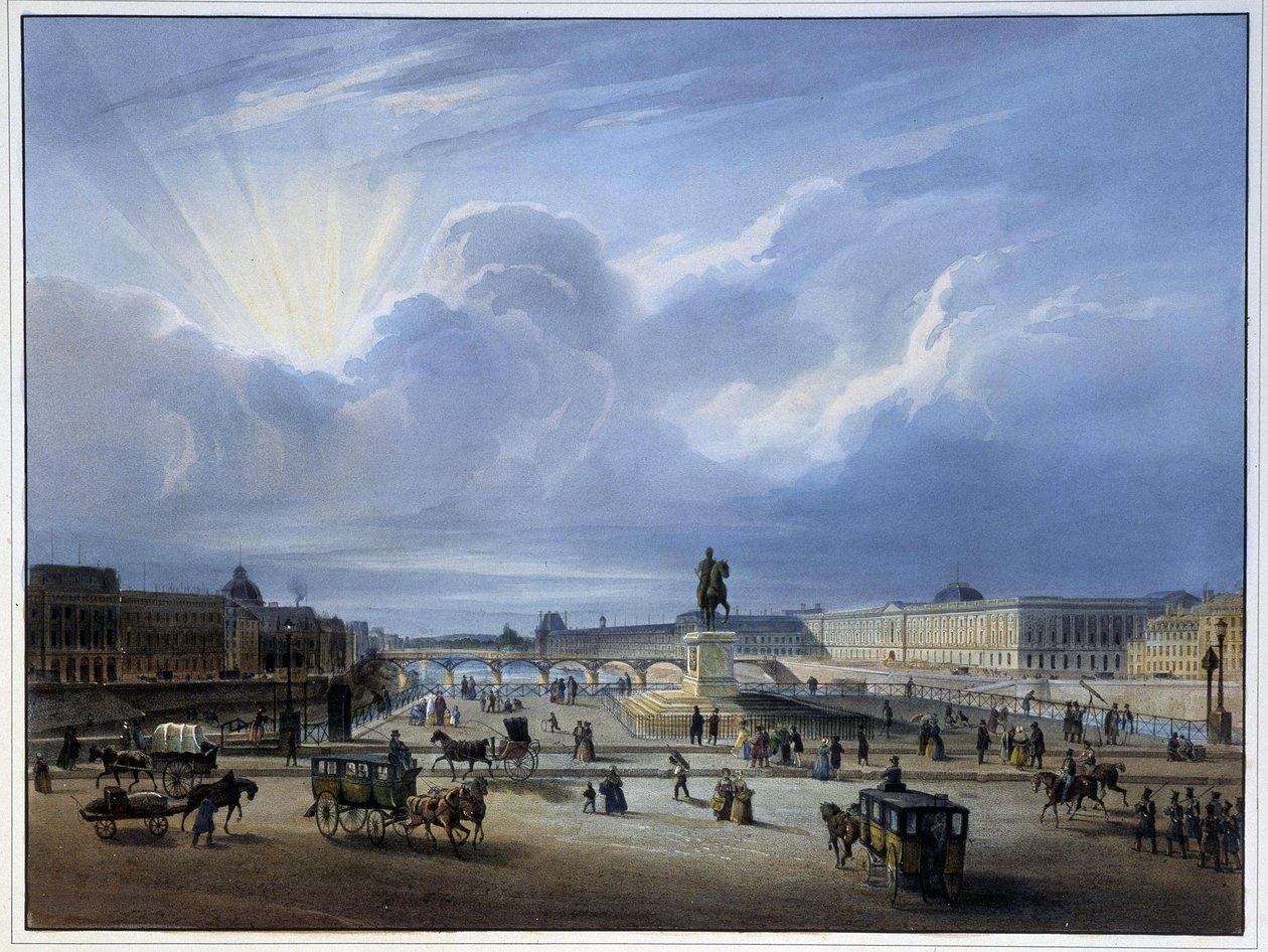 Allmän bild av Louvren och statyn av Henrik IV - i "" Paris en 1837"" av Arnout av Louis Jules Arnout