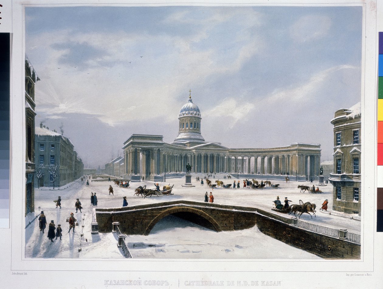 Kazan-katedralen i Sankt Petersburg. Litografi av Louis Jules Arnout (1814-1868), akvarellfärgad, ca 1840. Fransk konst, klassicism. A. Pushkin Memorial Museum, Sankt Petersburg. av Louis Jules Arnout