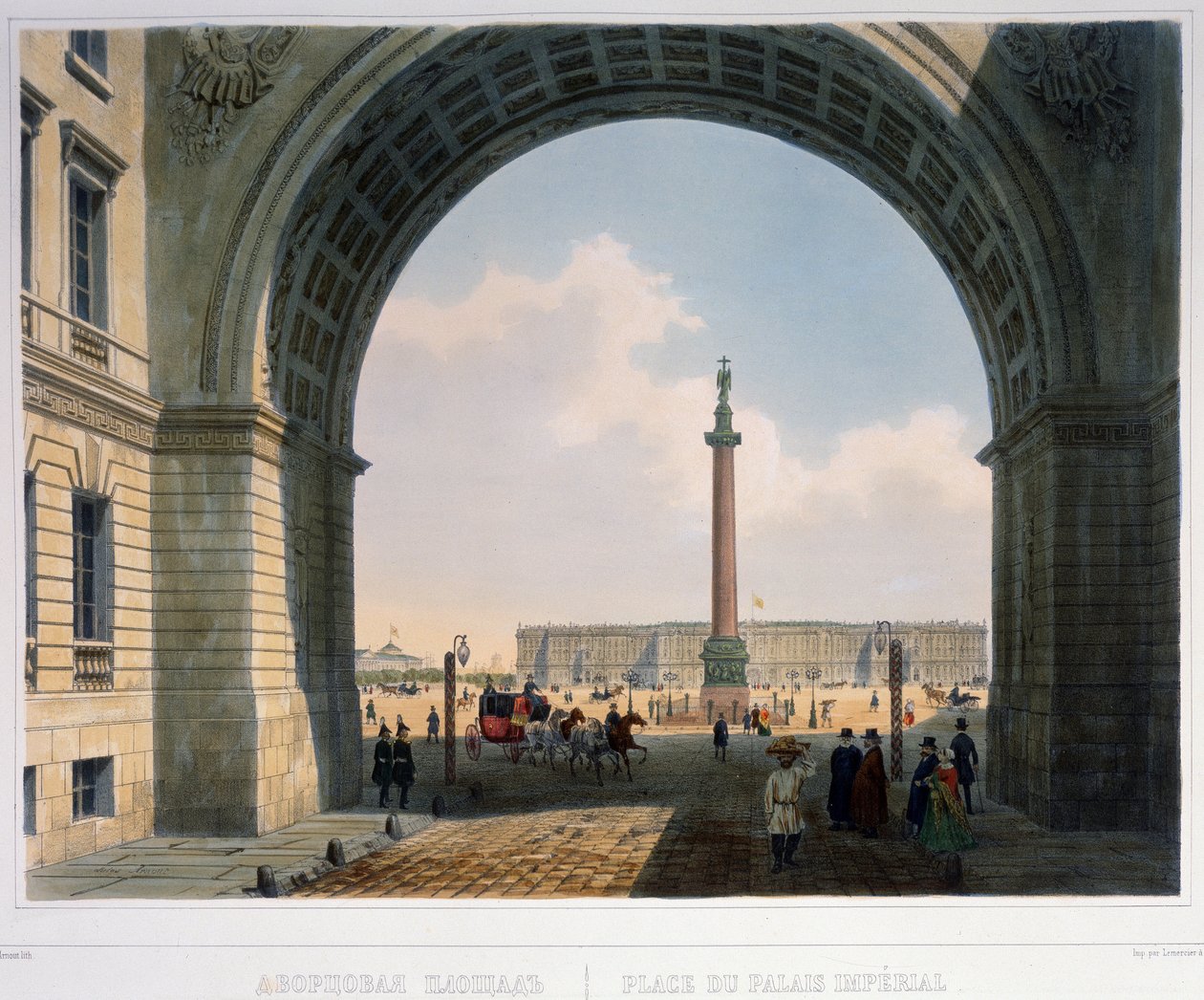 Palatstorget, utsikt från bågen av huvudarméns högkvarter (Sankt Petersburg) Litografi av Louis Jules Arnout (1814-1868), färgad i akvarell, 25,2 x 33,5 cm, cirka 1840. Fransk konst av Louis Jules Arnout