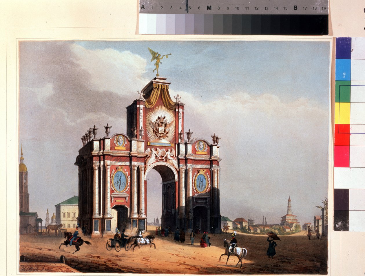 Röda porten i Moskva. Litografi av Louis Jules Arnout (1814-1868), färglagd i akvarell, ca 1830. Fransk konst, klassicism. A. Pushkin Memorial Museum, Sankt Petersburg. av Louis Jules Arnout