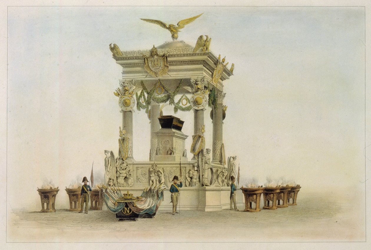 Kistan för Napoleon I Bonaparte (1769-1821) i Invalides-kyrkan (Paris, Frankrike). (Napoleons kista i kyrkan vid Les Invalides). Verk av Louis Jules Arnout (1814-1868), litografi och akvarell. Fransk 1800-talskonst, klassicism. av Louis Jules Arnout