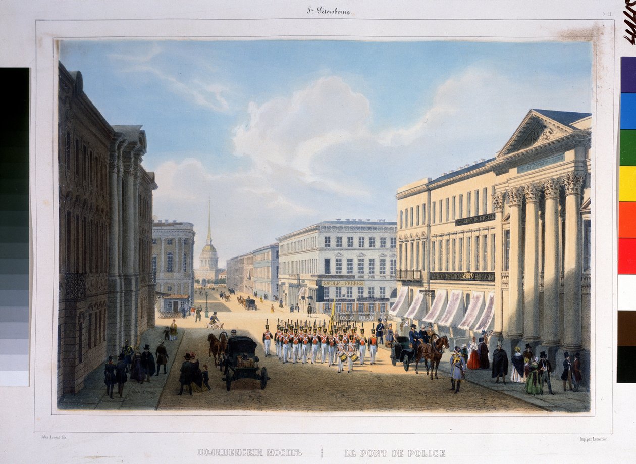 Polisbron i Sankt Petersburg, sett från Nevsky Prospekt från Stroganovpalatset. Litografi av Louis Jules Arnout (1814-1868), färgad av Louis Jules Arnout