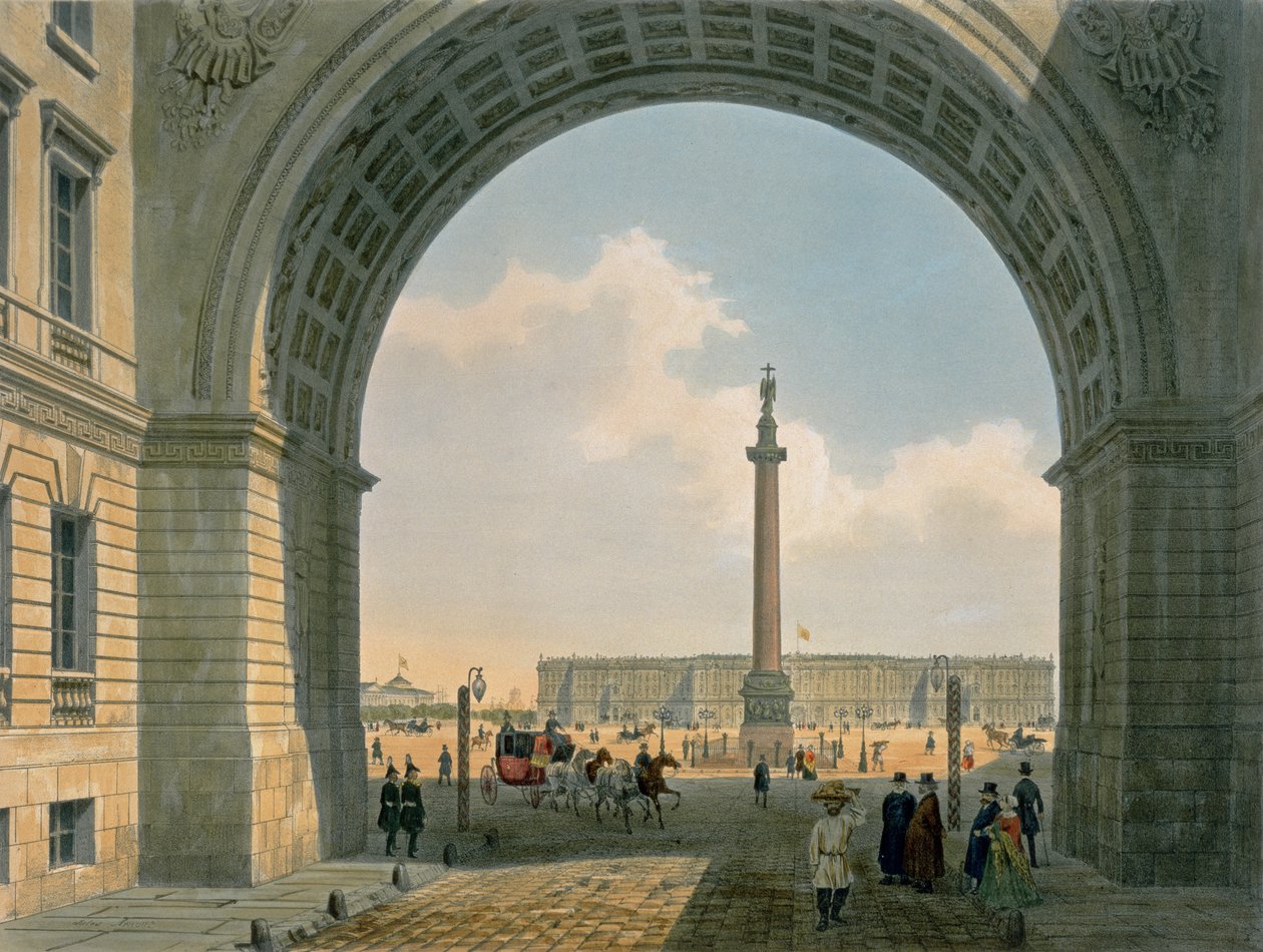 Palace Square, utsikt från arméns båge högkvarter, St. Petersburg, tryckt av Lemercier, Paris, 1840-talet (lito i färg) av Louis Jules Arnout