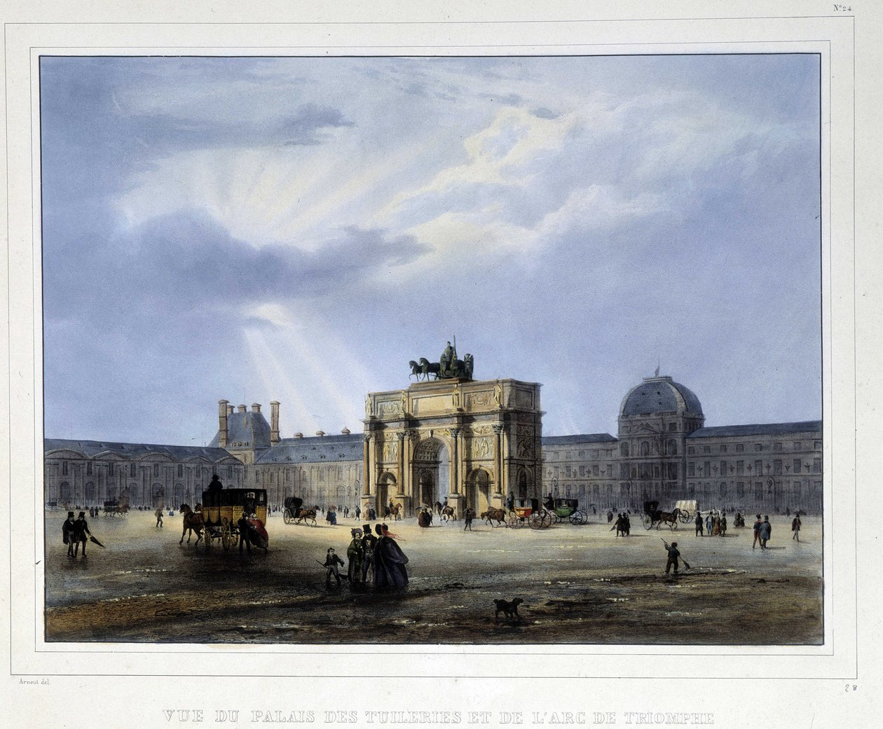 Tuileriepalatset och Triumfbågen du Carrousel - i "Paris en 1837" av Arnout av Louis Jules Arnout