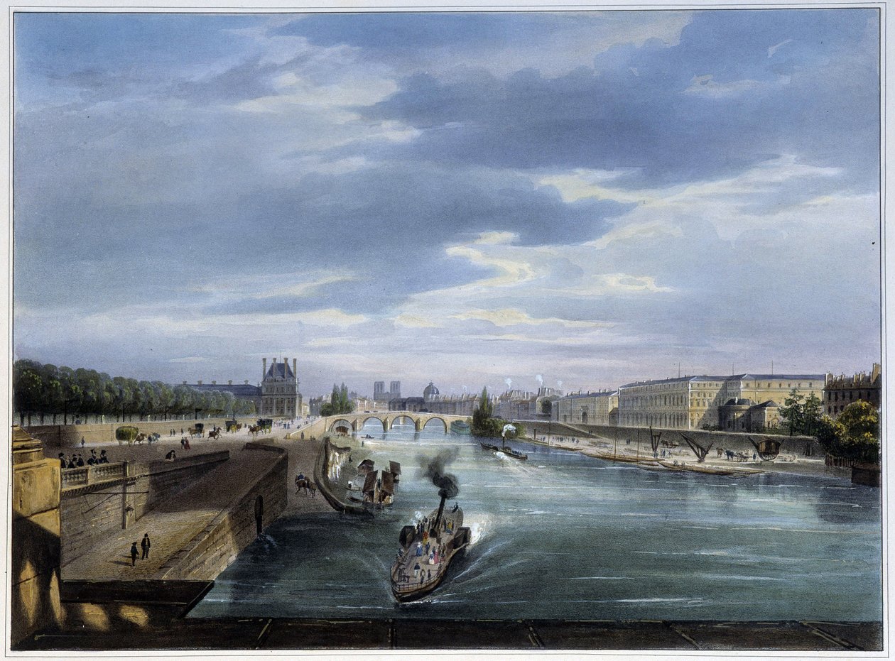 Pont du Carrousel et bateau steam - i "" Paris en 1837" av Arnout av Louis Jules Arnout
