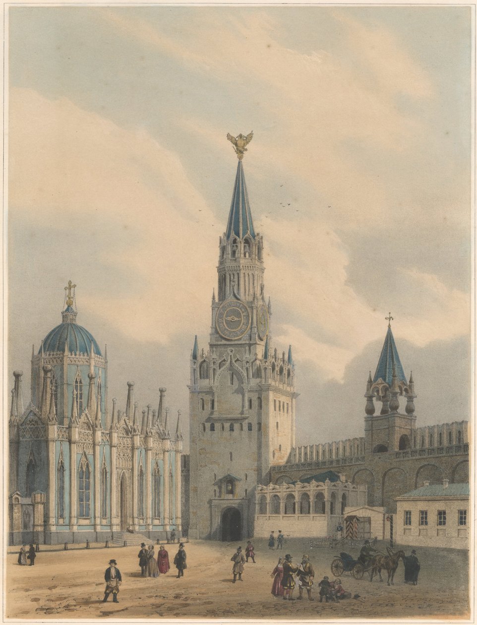 Spasskaya Tower Savior Gates och Saint Catherine Church of Ascension Convent i Moskva Kr. av Louis Jules Arnout