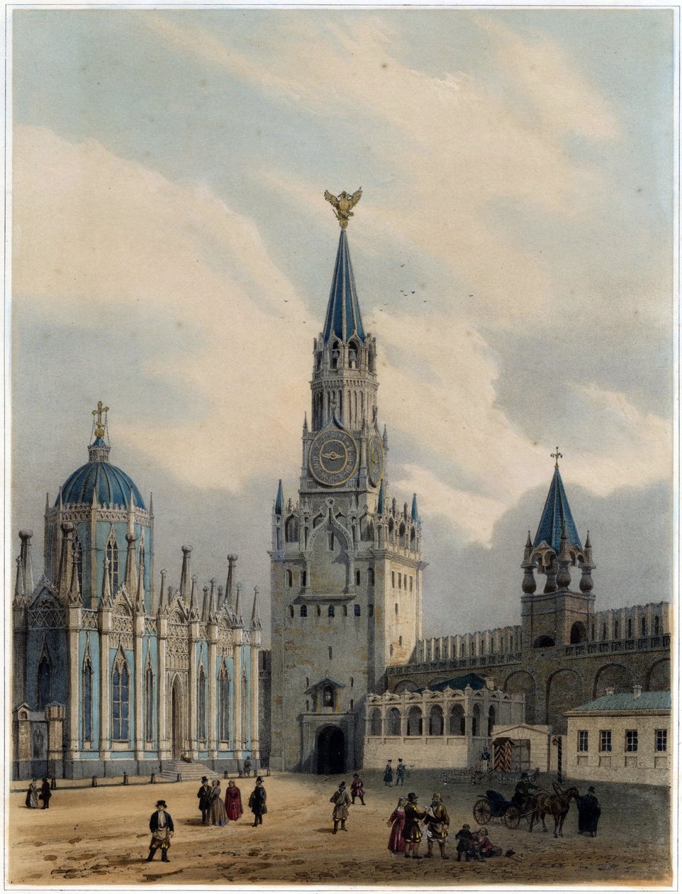 ""Utsikt över den helige Frälsarens torn (eller Spasskaia-tornet) och på det röda torget, Kreml, Moskva"" (The Spasskaya Tower (Saviour Gates) och Saint Catherine Church of Ascension Convent i Moskva Kreml) Litografi av Louis Jules Arnout (1814-1868) - 1 av Louis Jules Arnout