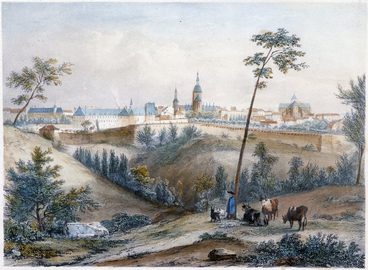 Bouvier på den bretonska landsbygden (Dinan i fjärran) - litografi av Jacottet och Benoist av Louis Julien Jacottet