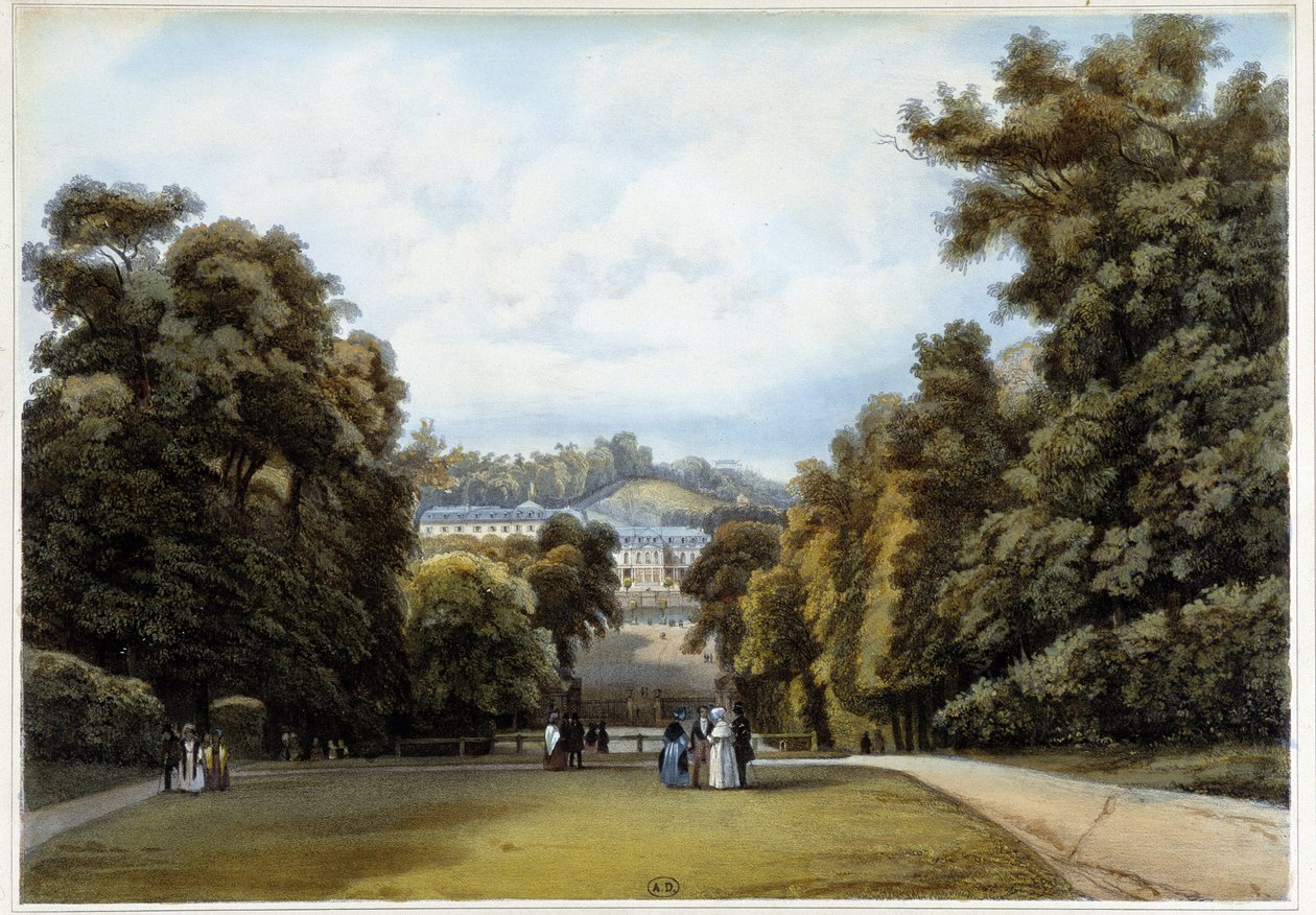 Chateau de Saint Cloud, sidan av parken. I "Paris och dess omgivningar" av Louis Julien Jacottet