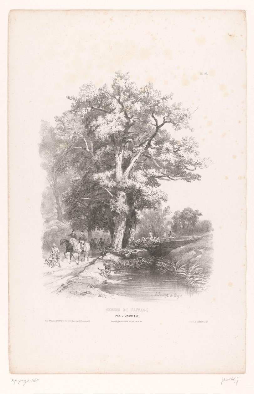 Jägare med hundar längs ett dike i en skog Landskapsritningskurs (serietitel) Cours de Paysage (serietitel på objekt) av Louis Julien Jacottet