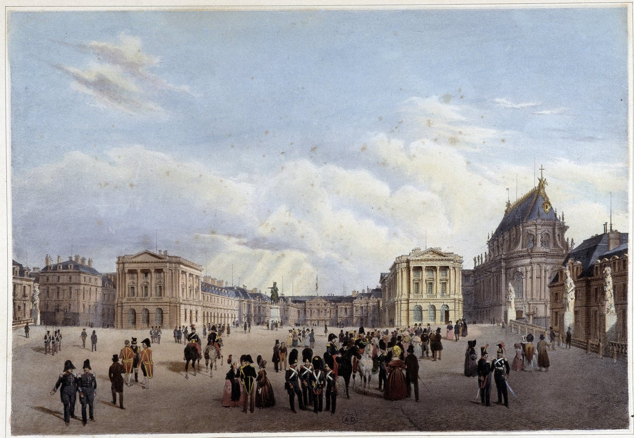 Huvudgården i slottet i Versailles - i ""Walk in Paris och dess omgivningar"", designad av Jacottet och Benoist, ca. 1840 av Louis Julien Jacottet