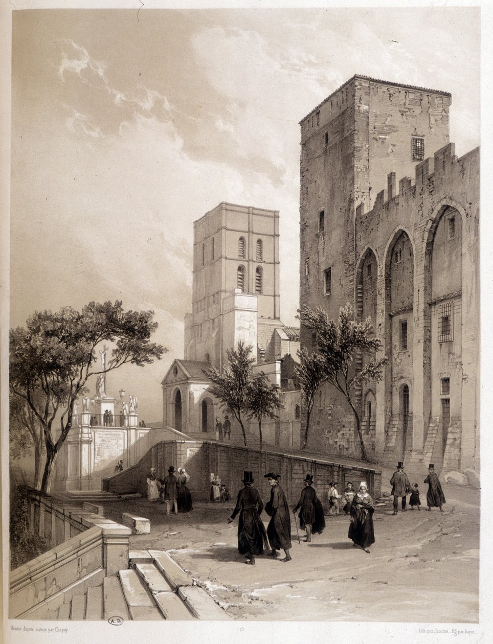 Palace of the Popes i Avignon, och Avignon-vandrarna på 1800-talet. av Louis Julien Jacottet