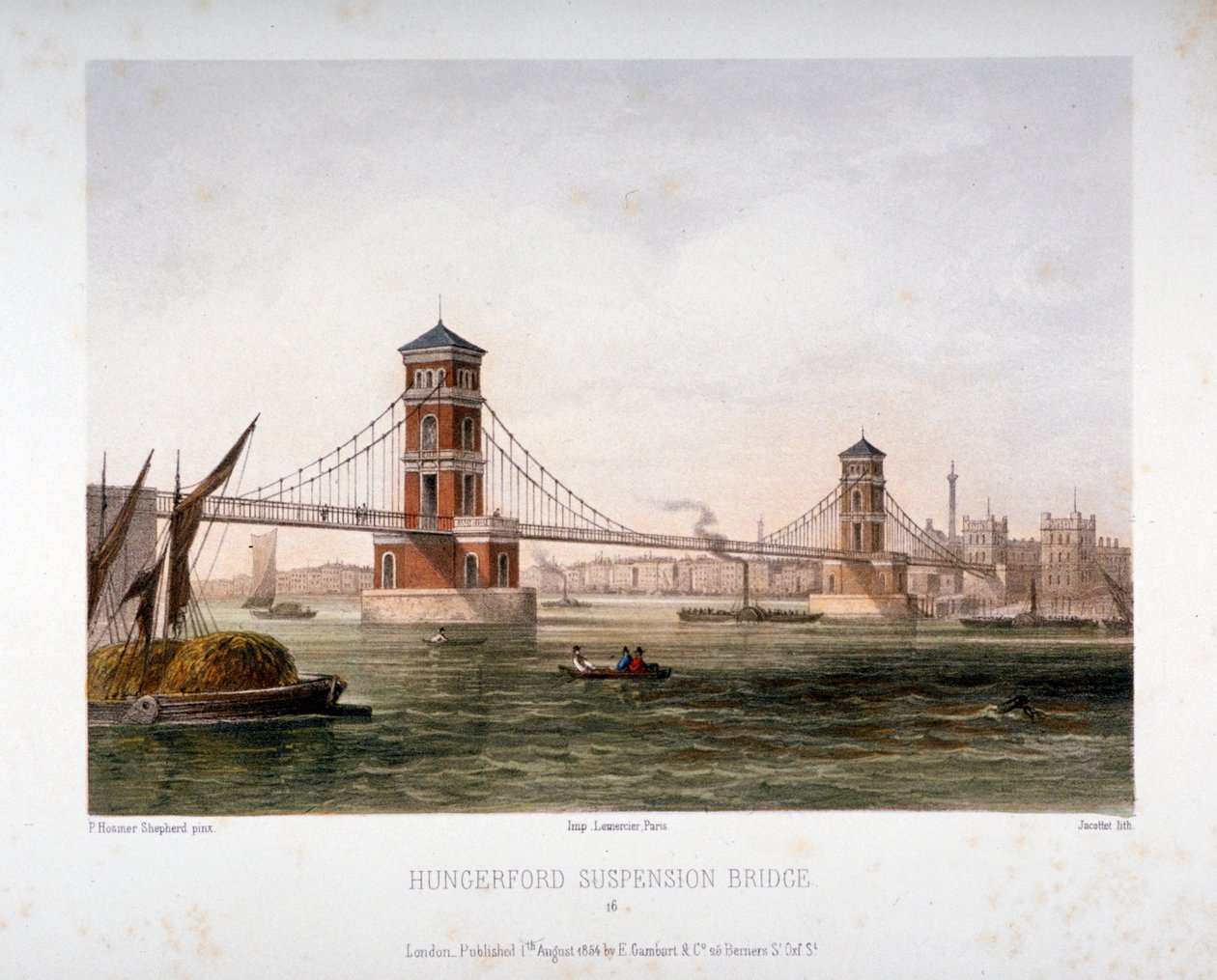 Utsikt över Hungerford Bridge från öster, London, 1854. av Louis Julien Jacottet
