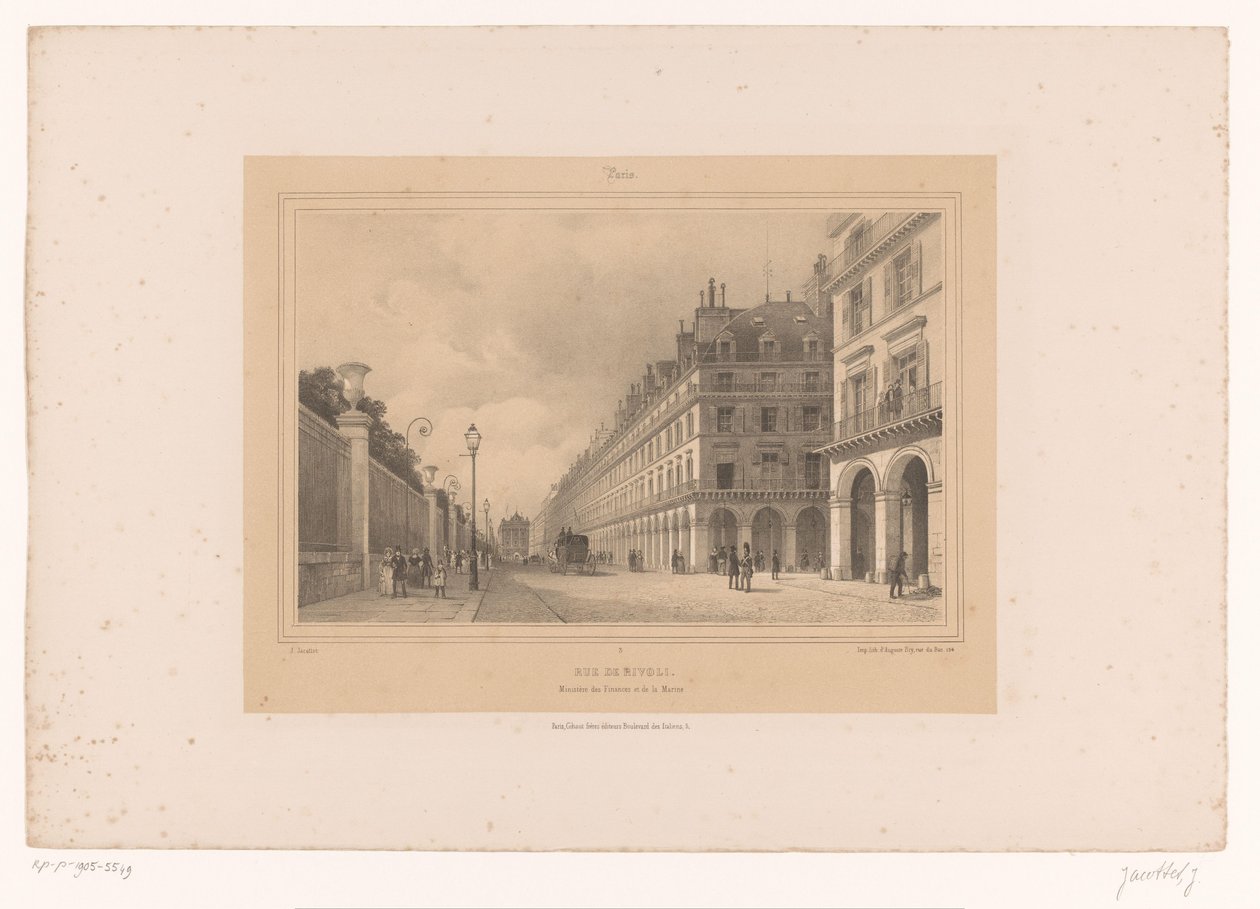Utsikt över Rue de Rivoli Rue de Rivoli. Ministère des Finances et de la Marine (titel på objekt) Ansikten i och runt Paris (serietitel) Paris (serietitel på objekt) av Louis Julien Jacottet
