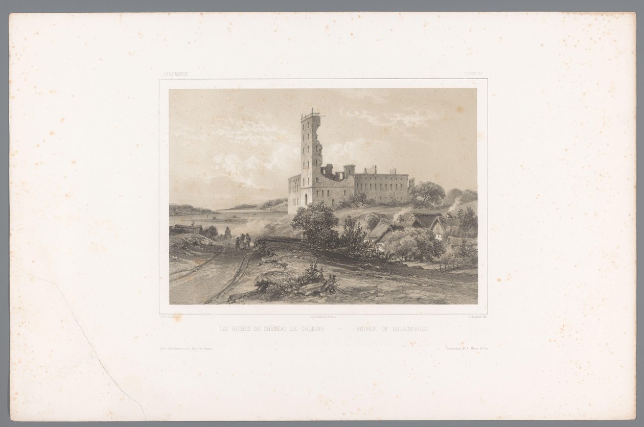 Utsikt över ruinerna av Koldinghus Les ruines du château de Colding / Ruiner of Koldinghuus (titel på objektet) Faces in Scandinavia (serietitel) Vues du Nord. Danmark (serietitel) av Louis Julien Jacottet