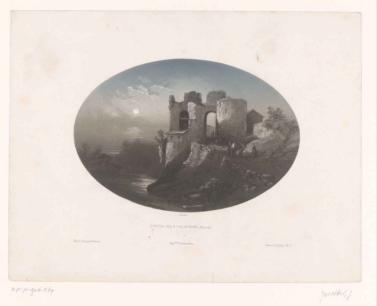 Utsikt över ruinerna av slottet av de fyra Heemskinderen Château des 4 fils Aymond (Gironde) (titel på objekt) av Louis Julien Jacottet