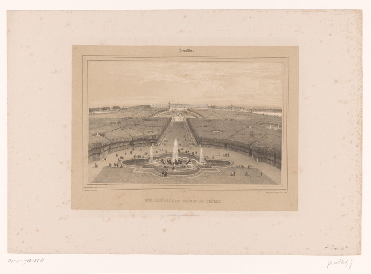 Utsikt över trädgårdarna i Versailles Vue générale du Parc et du Château (titel på objekt) Ansikten i och runt Paris (serietitel) Versailles (serietitel på objekt) av Louis Julien Jacottet