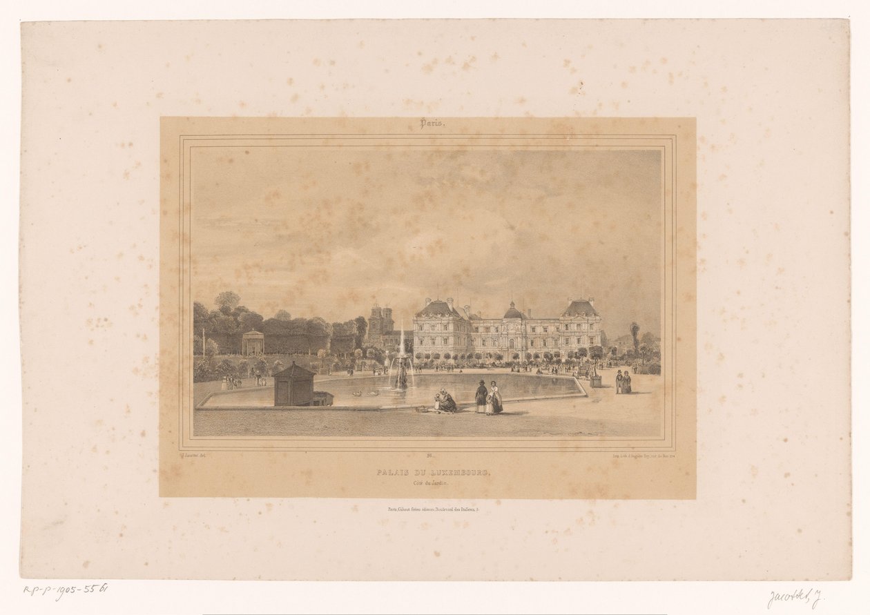 Utsikt över Luxemburgpalatset från Jardin du Luxembourg Palais du Luxembourg, Côté du Jardin (titel på objektet) Gezichten in en om Paris (serietitel) Paris (serietitel på objekt) av Louis Julien Jacottet