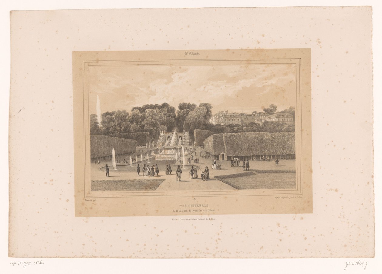 Utsikt över slottet Saint-Cloud i Saint-Cloud-parken Vue générale de la Cascade, du grand Jet et du Château (titel på objekt) Ansikten i och runt Paris (serietitel) St. Cloud (serietitel på objekt) av Louis Julien Jacottet