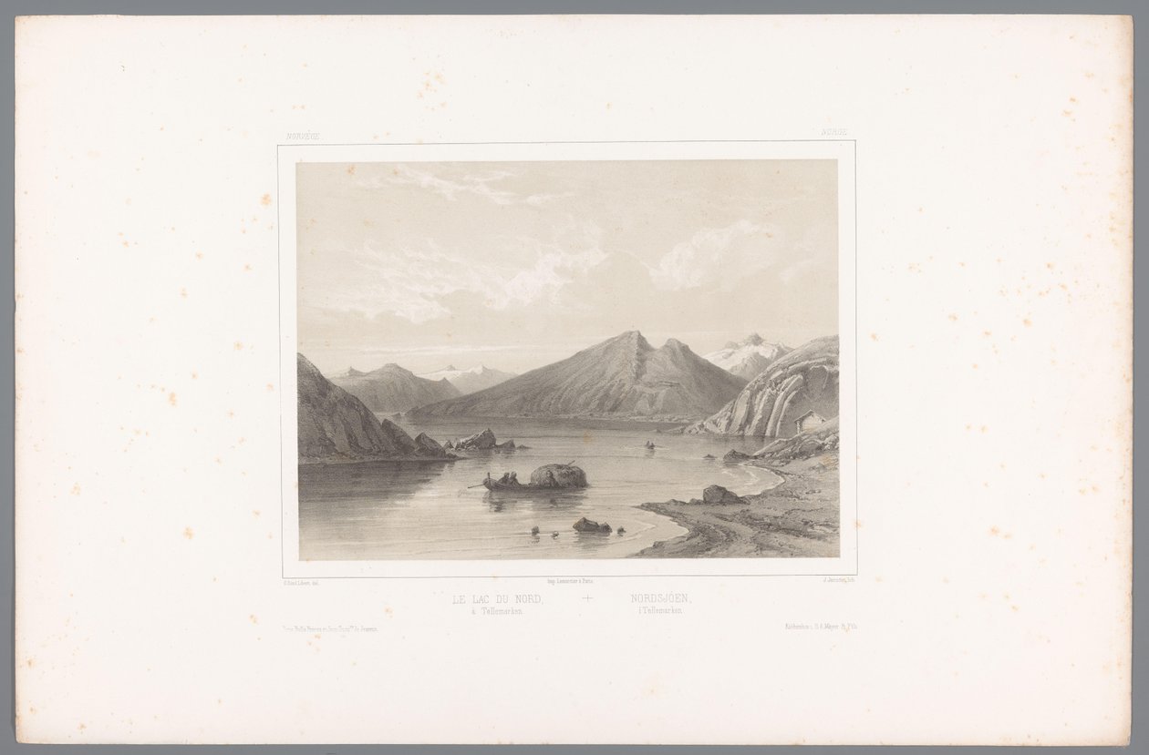 Utsikt över sjön Norsjø i Telemark Le lac du Nord à Tellemarken / Nordsjóen i Tellemarken (titel på objekt) Faces in Scandinavia (serietitel) Vues du Nord. Norvege (serietitel) av Louis Julien Jacottet
