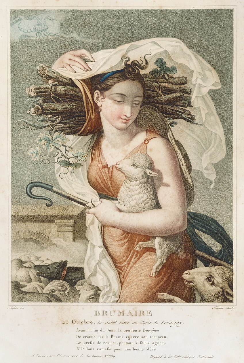 Brumaire (oktobernovember), andra månaden i den republikanska kalendern, graverad av Tresca, franska, c.1794 (gravyr) av Louis Lafitte