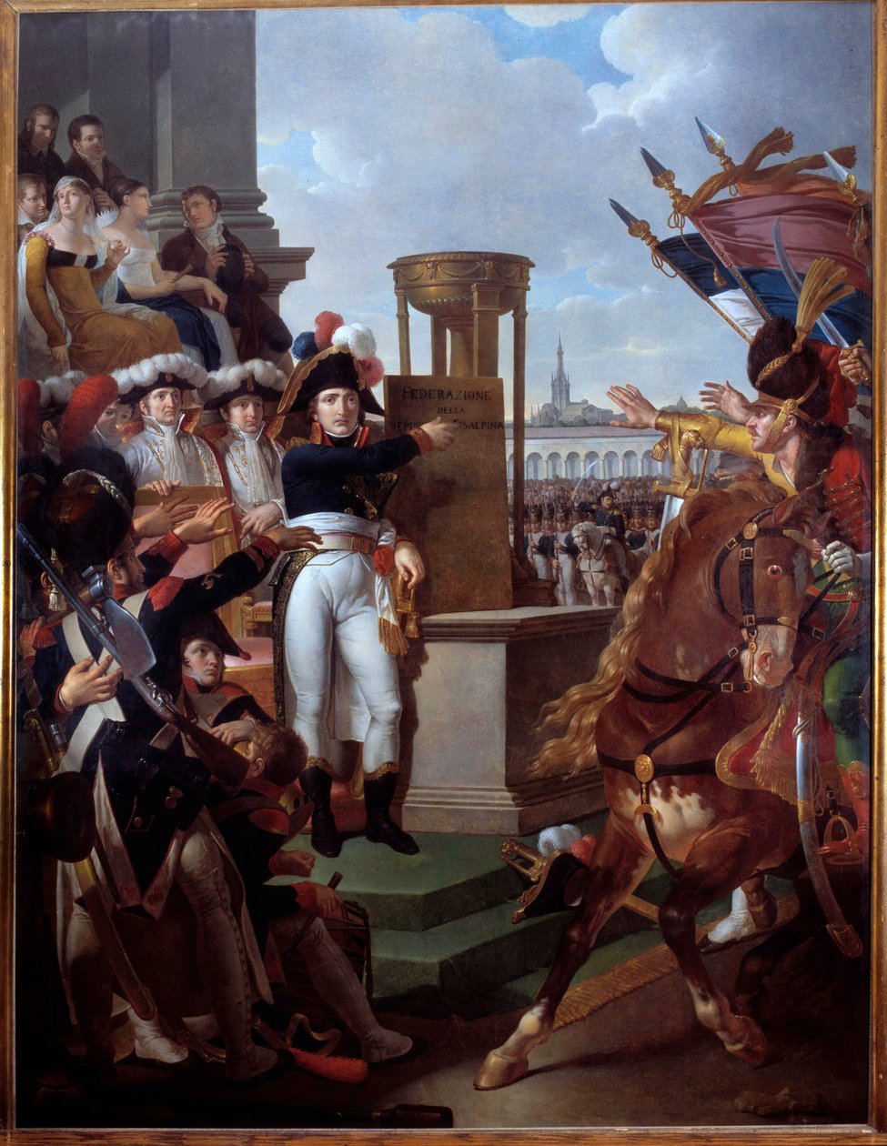 Napoleon Bonaparte (1769-1821) utropar den cisalpina republiken i Milano 1797-07-09 Målning av Louis Lafitte (1770-1828) 1797 Sön. 2,52 x 3,34 m. Ön Aix, Napoleons museum av Louis Lafitte