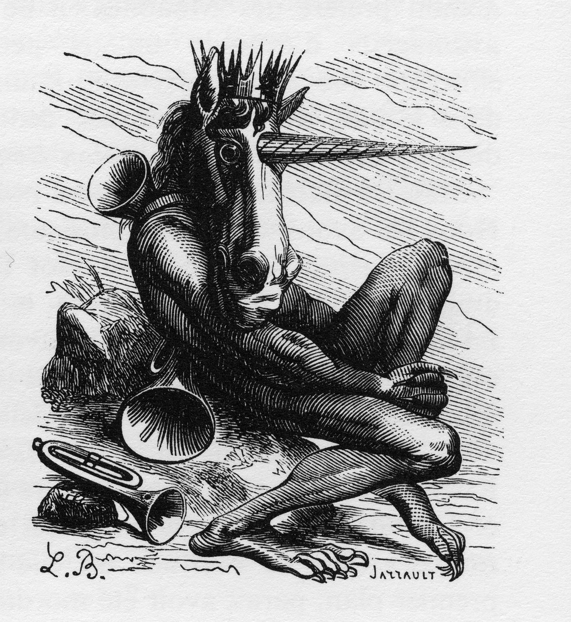 AMDUSCIAS demon i Ars Goetia - Amdusias - demon som härrör från goetie-tro (konst och utövande av åkallande av demoner) - i "The infernal dictionary" av Collin de Plancy - Gravyr av L. Breton. Paris av Louis Le Breton