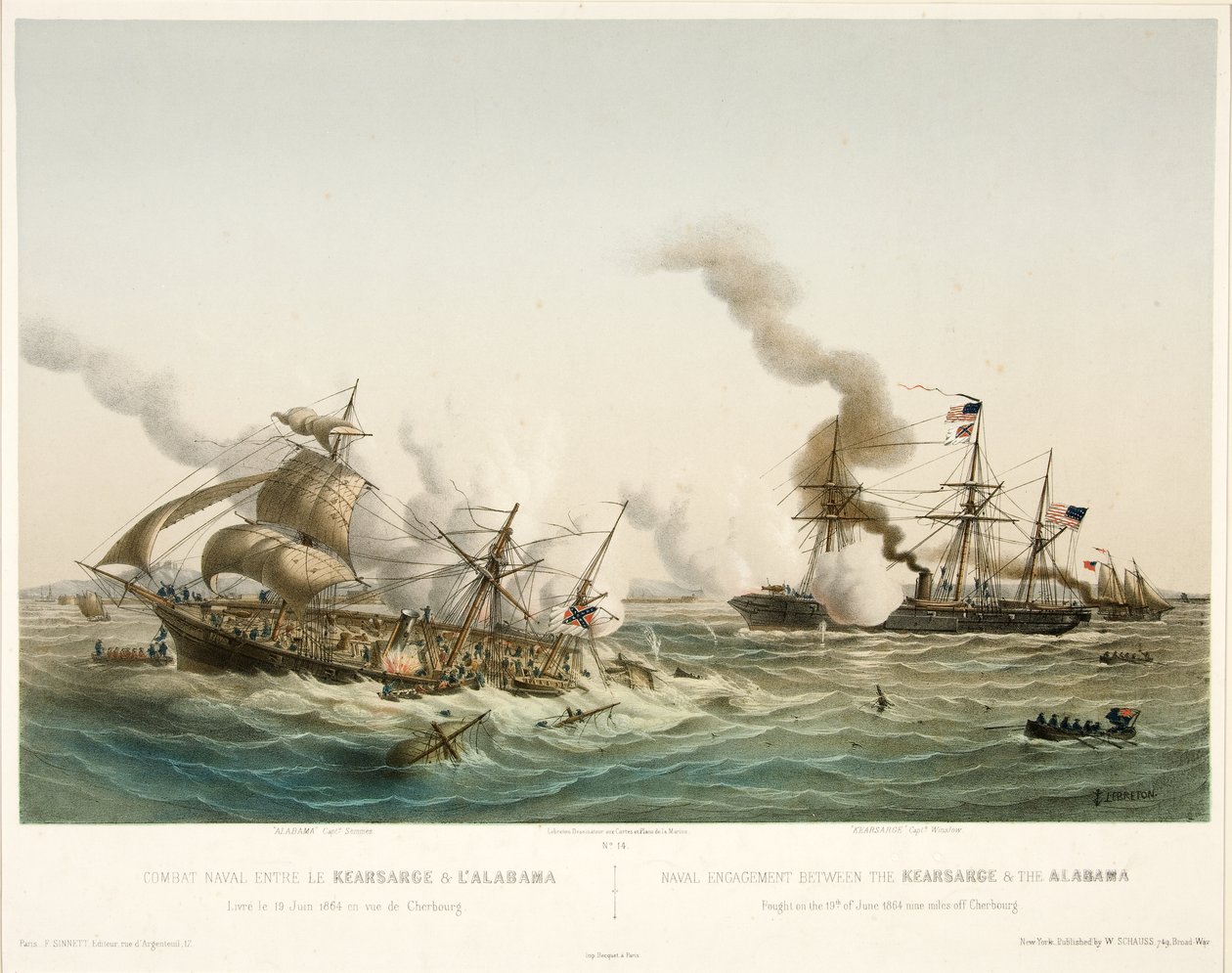 Combat Naval entre le Kearsage & l?Alabama,pub. 1864 (färglitografi) av Louis Le Breton