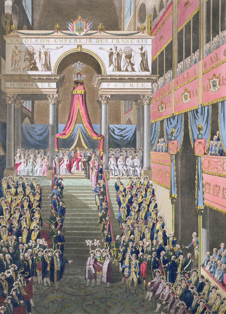 Helig festival och kröning av deras kejserliga majestäter, kejsaren tillkännager konstitutionseden vid katedralen Notre Dame, publicerad 1806 (handtonad gravyr) av Louis Le Coeur