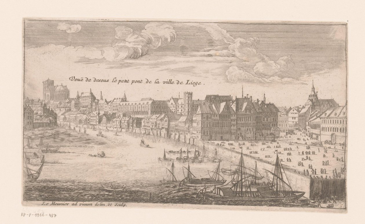 Utsikt över Liège Vue de dessus le petit pont de la ville de Liege (titel på objekt) av Louis Le Meunier
