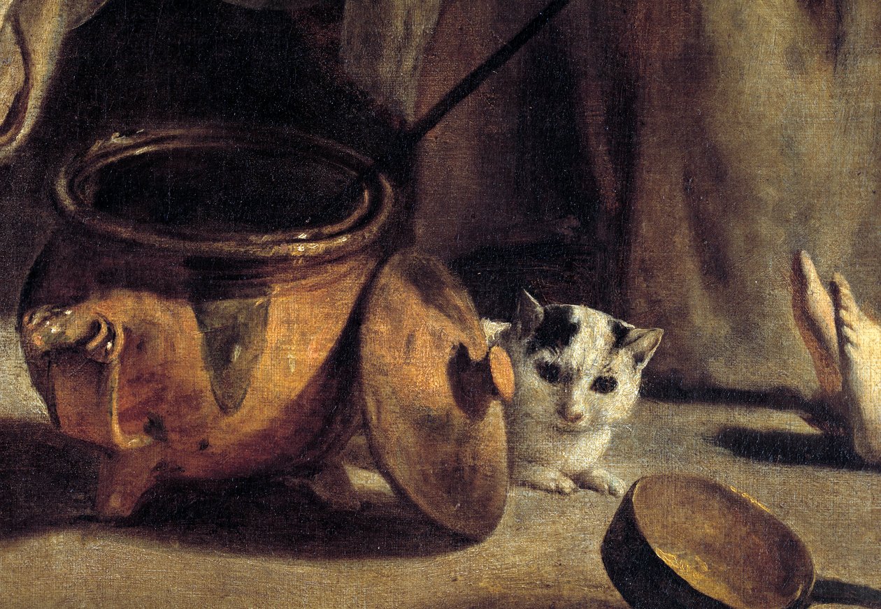 Familj av bönder i en interiör Detalj som representerar katt- och kopparkrukor. Målning av Ludvig den Nain (1593-1648) 1600-talet av Louis le Nain