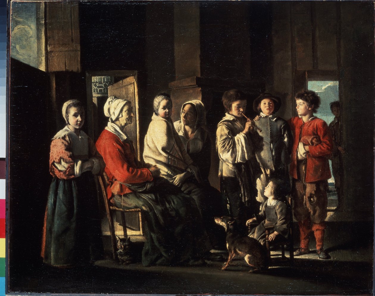""Besöket hos farmorn"" (Besöket hos farmorn) Familjen samlades runt en äldre kvinna i ett bondehem, en av de unga pojkarna spelar flöjt. Allegori om familjeenheten genom de olika generationerna. Målning av Louis av Louis le Nain