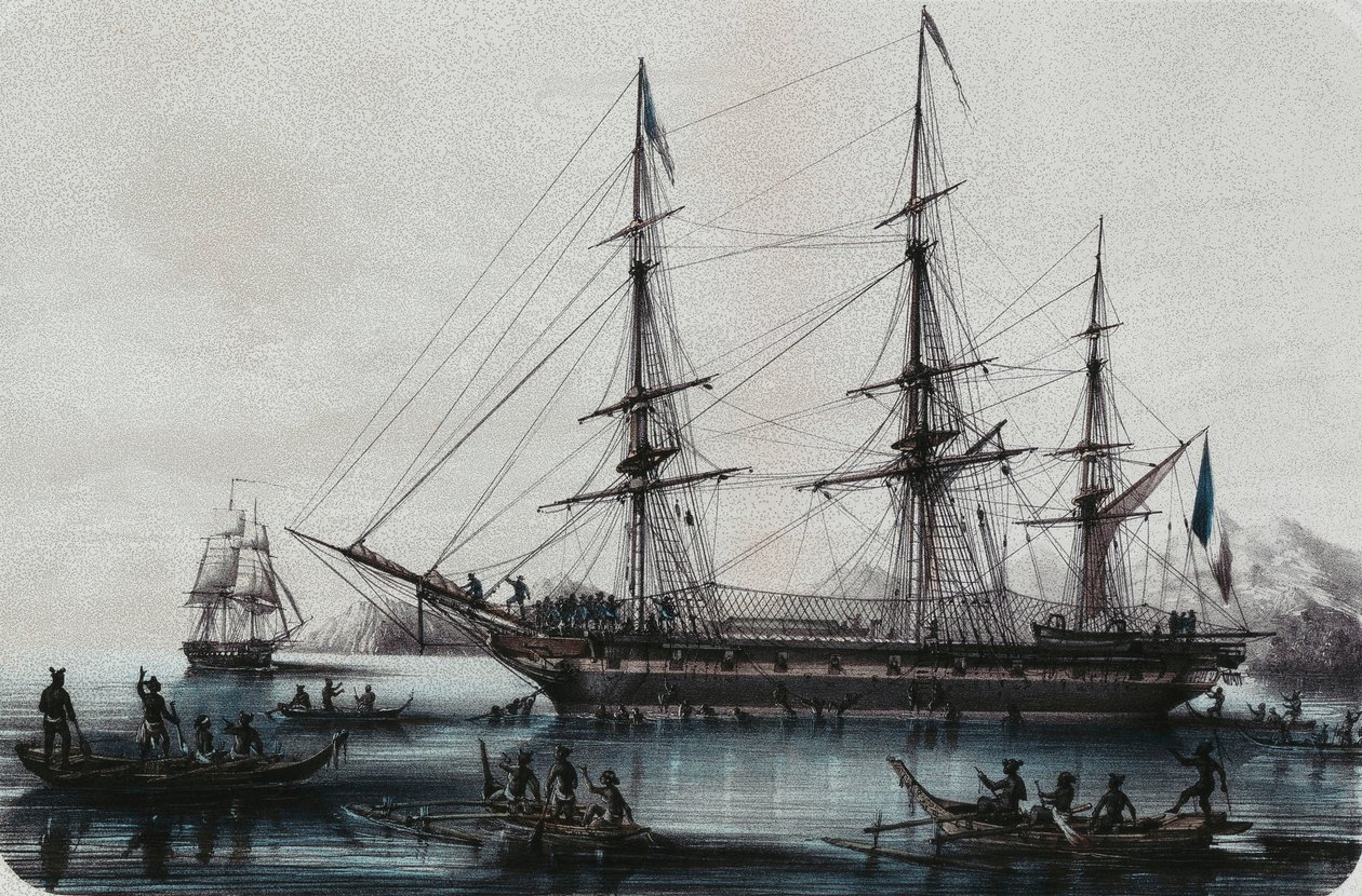 Astrolabben och Zelee, ankomst till Noukahiva, av Louis Le Breton