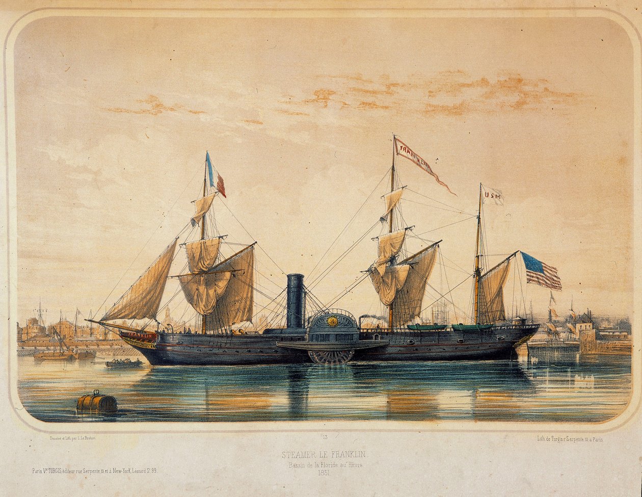 Steamer "" the Franklin""" i Florida Basin vid Le Havre. Teckning av Louis Lebreton (? - 1866) av Louis Le Breton