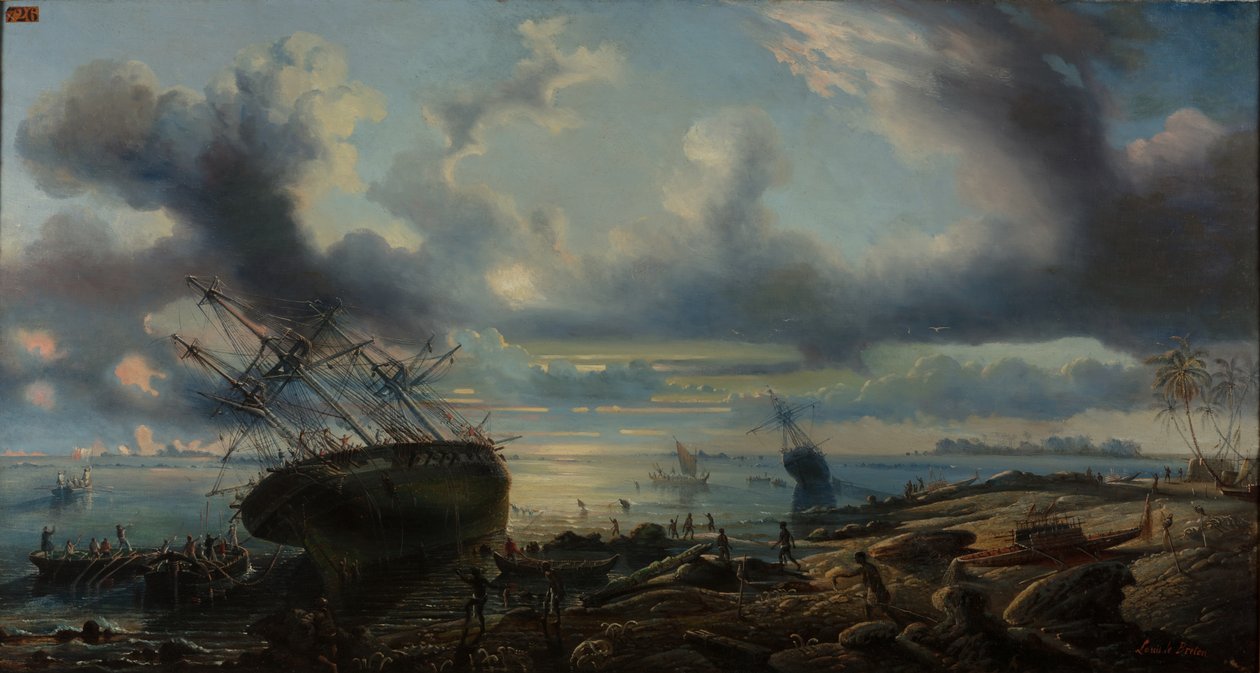Korvetternas strandning i Mauvaiskanalen, Torres sund 1843 (olja på duk) av Louis Lebreton