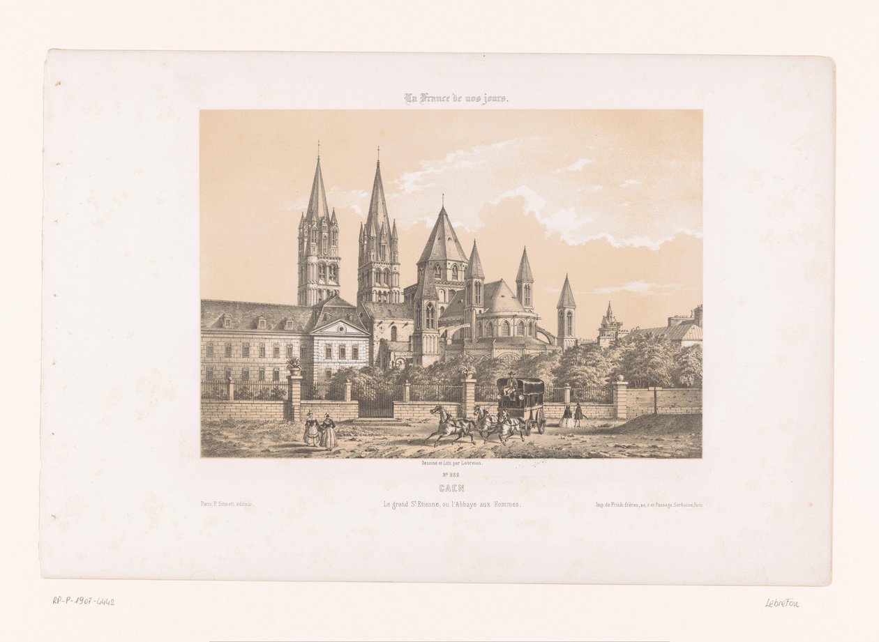 Zicht op de Abbaye aux Hommes met de Saint-Étienne Church te Caen Caen. Den store Etienne, eller Människoklostret (titel på objektet) Hedendaags Frankrijk (serietitel) Frankrike nuförtiden (serietitel på objekt) av Louis Le Breton