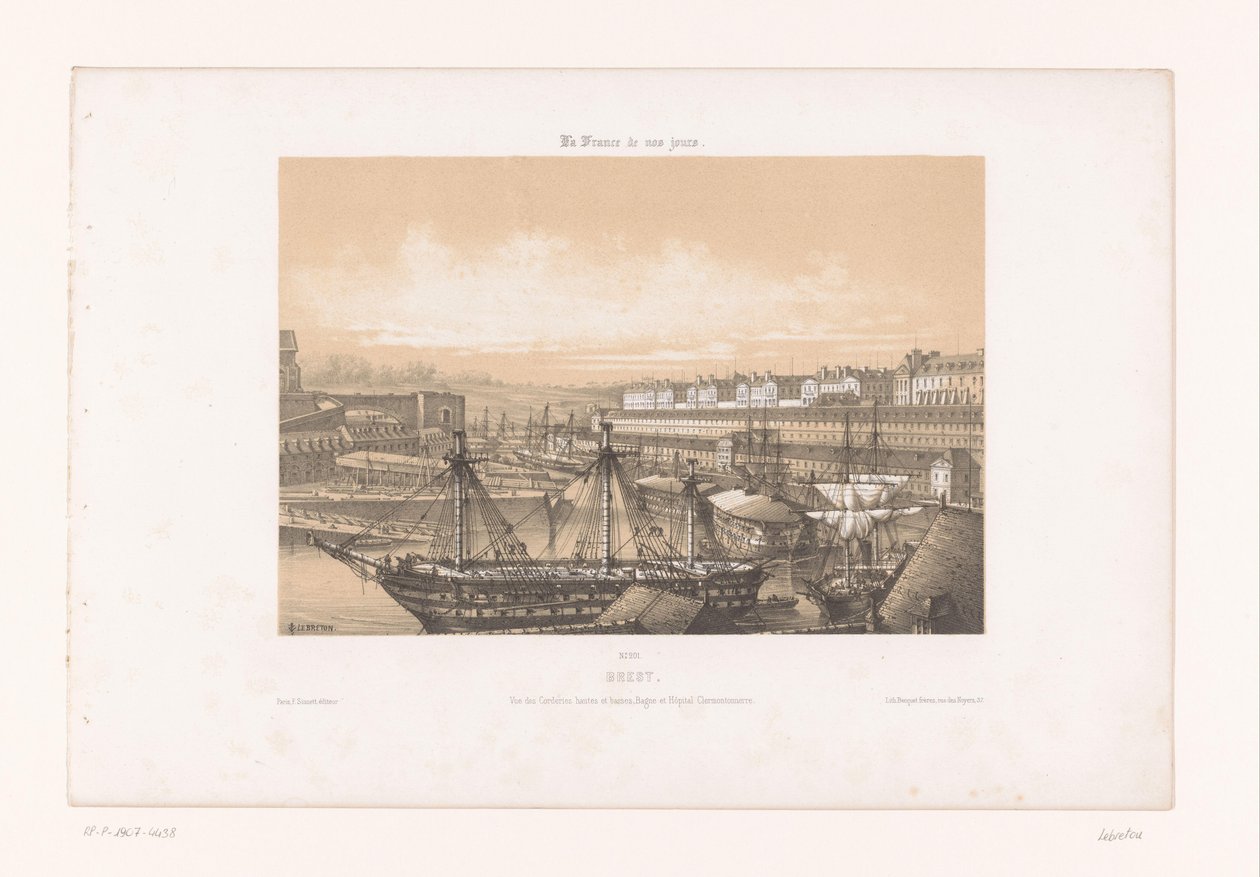Utsikt över Arsenalen vid hamnen i Brest brest. Vue des Corderies hautes et basses, Bagne och Hôpital Clermontonnerre (titel på objekt) Contemporary France (serietitel) La France de nos jours (serietitel på objekt) av Louis Le Breton