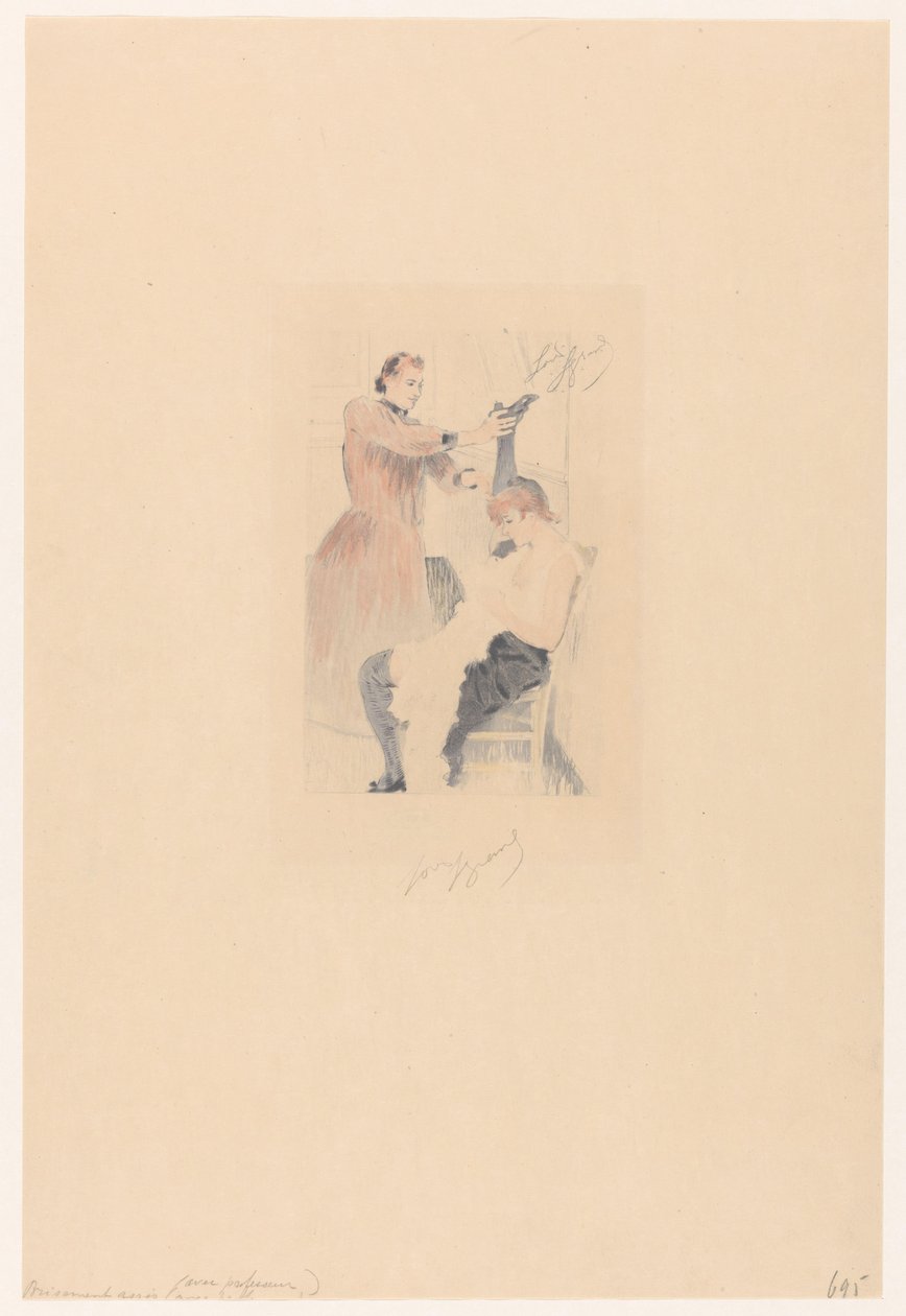 Cancan-dansare sitter på en stol medan du gör en flexibilitetsövning Brisement assis (avec professeur) (titel på objekt) av Louis Legrand (signed by artist)