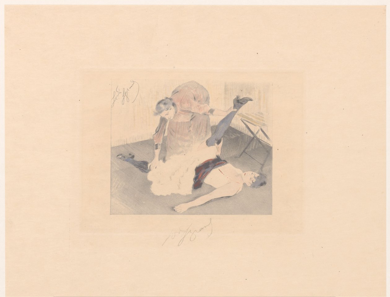 Flexibilitetsövning av en cancandansare Brisement à terre av Louis Legrand (signed by artist)