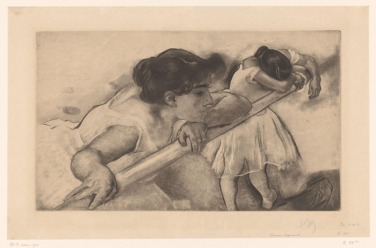 Två ballerinor vid en balettbar En nage (titel på objekt) Unga ballerinor (serietitel) Les Petites du ballet (serietitel) av Louis Legrand (signed by artist)