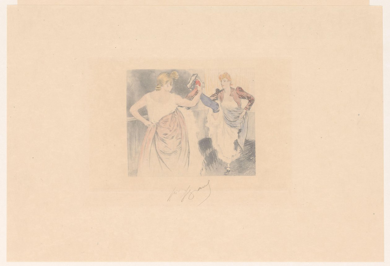 Två cancan-dansare med upphöjda ben le croisement av Louis Legrand (signed by artist)