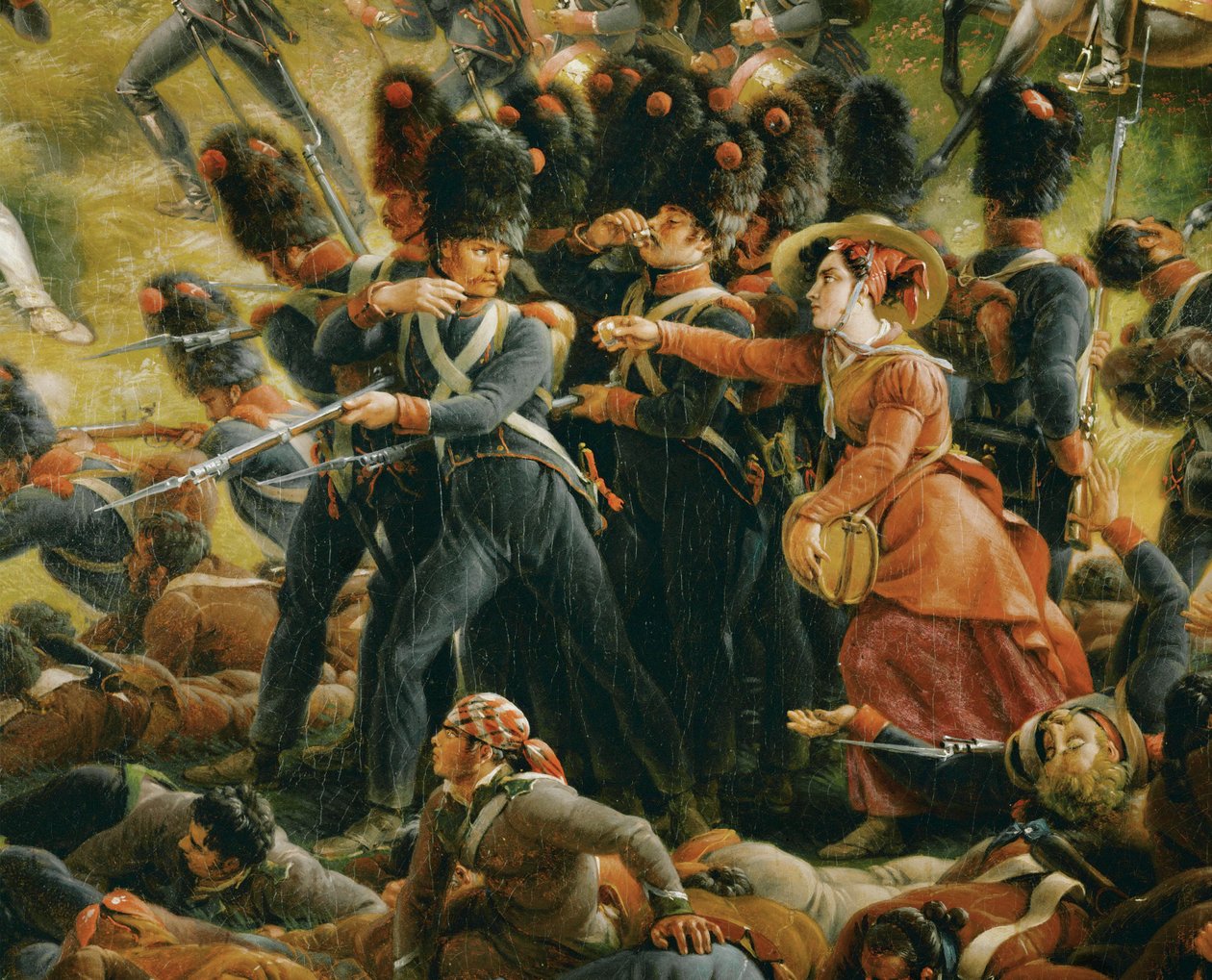 En lägerföljeslagare serverar drinkar till soldater under slaget vid Chiclana (olja på duk) av Louis Lejeune