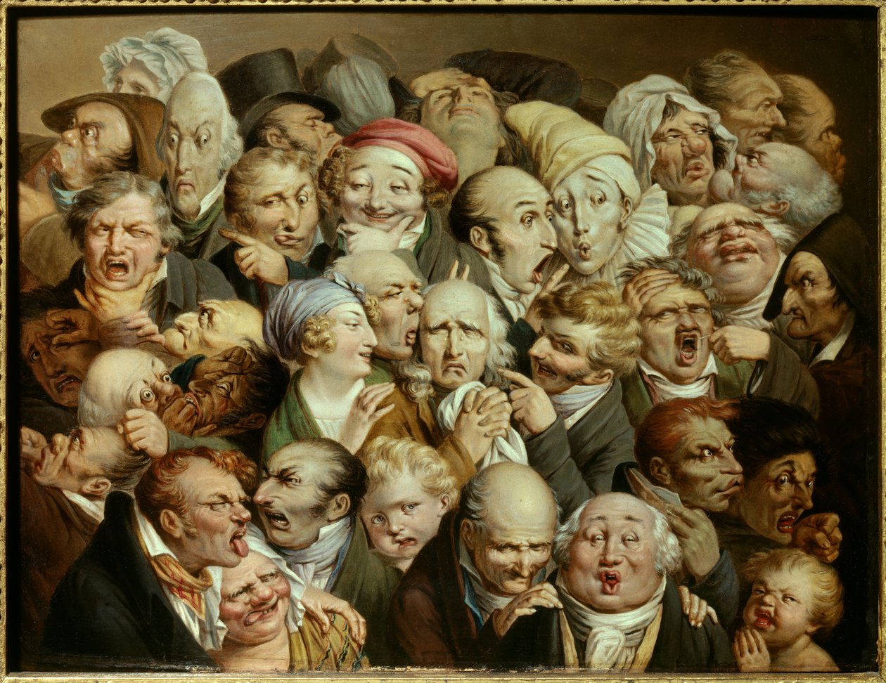 Karikatyr: serie löjliga uttryck "" återförening av 35 uttryckshuvuden"" Målning av Louis Leopold Boilly (1761-1845) ca 1825 Olja på trä Dim. 0,19x0,25 m Tourcoing, musee des Beaux Arts - Återförening av 35 ansiktsuttryck. Tecknad film: studier av r av Louis Leopold Boilly