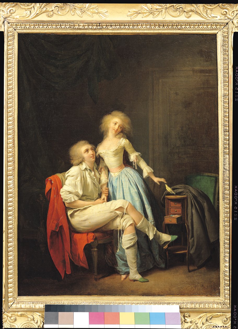 Par med en förrymd fågel (olja på duk) av Louis Leopold Boilly