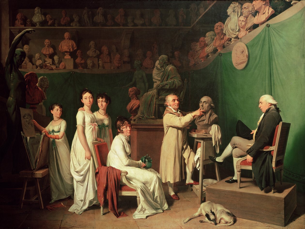 Jean Antoine Houdon (1741-1828) Skulpterar bysten av Pierre Simon (1749-1827) Marquis de Laplace i närvaro av hans fru och döttrar, 1804 av Louis Leopold Boilly
