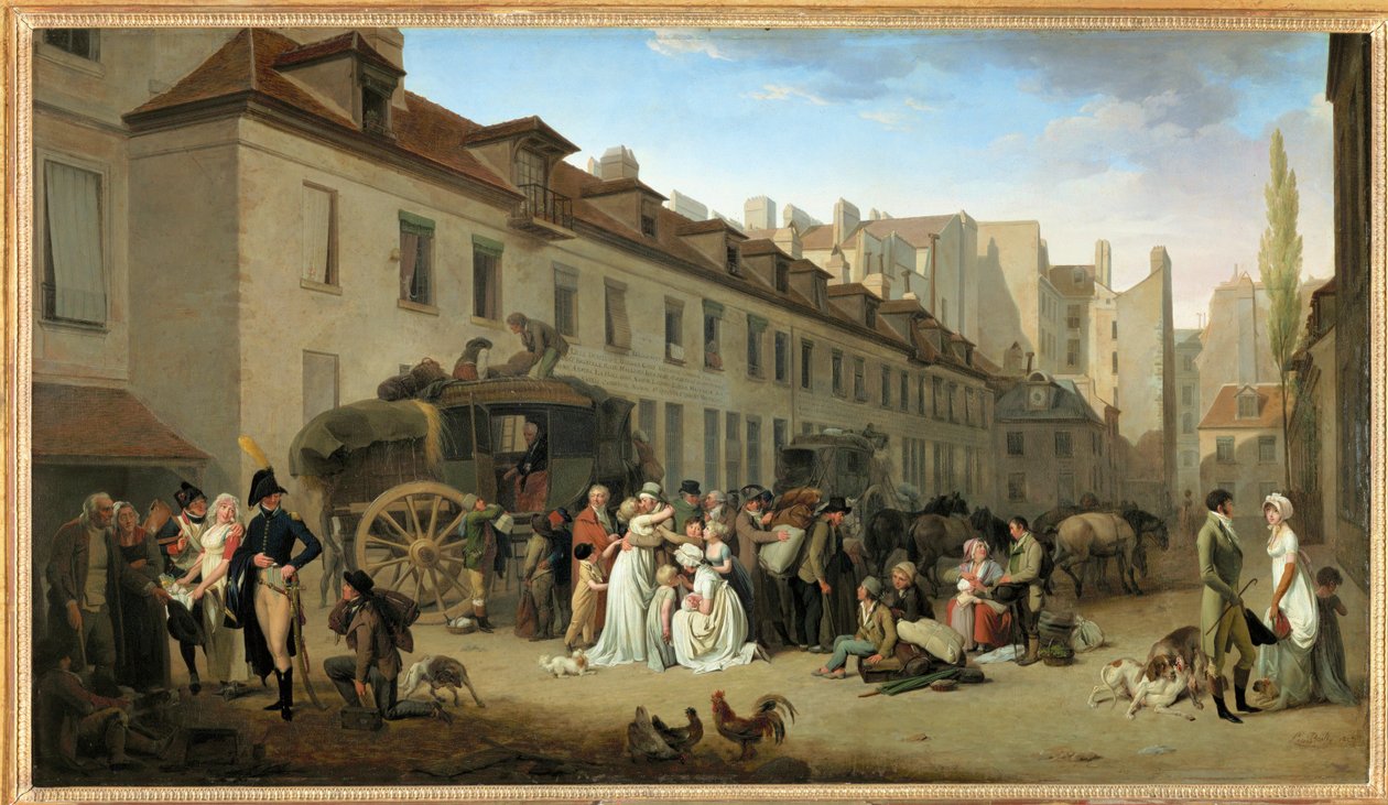 Ankomsten av en diligens på gården till Messageries, rue Notre-Dame-des-Victoires, i Paris ... av Louis Leopold Boilly