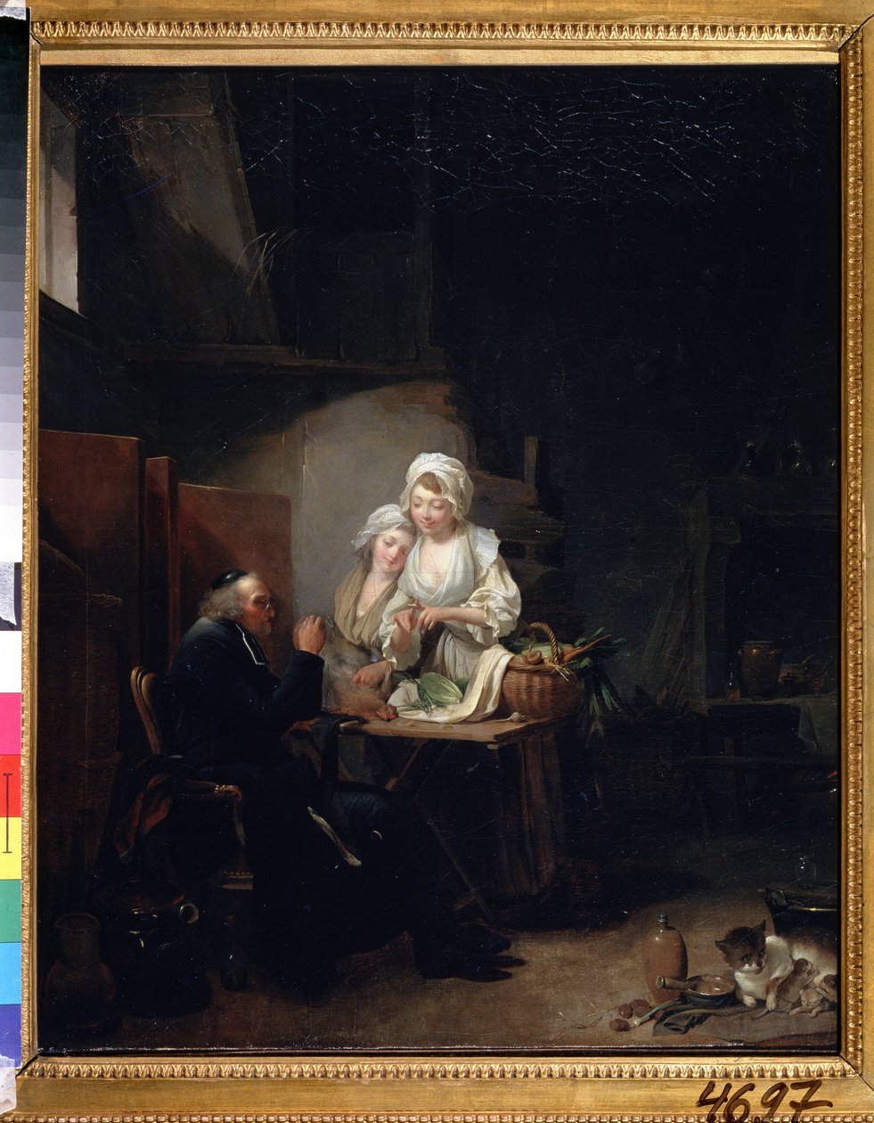 ""Den gamle kyrkoherden"" (en gammal kurat) Två kvinnor assisterar en gammal kurat i köket. Målning av Louis-Leopold (Louis Leopold) Boilly (1761-1845) 1785-1800 Pushkin-museet, Moskva av Louis Leopold Boilly