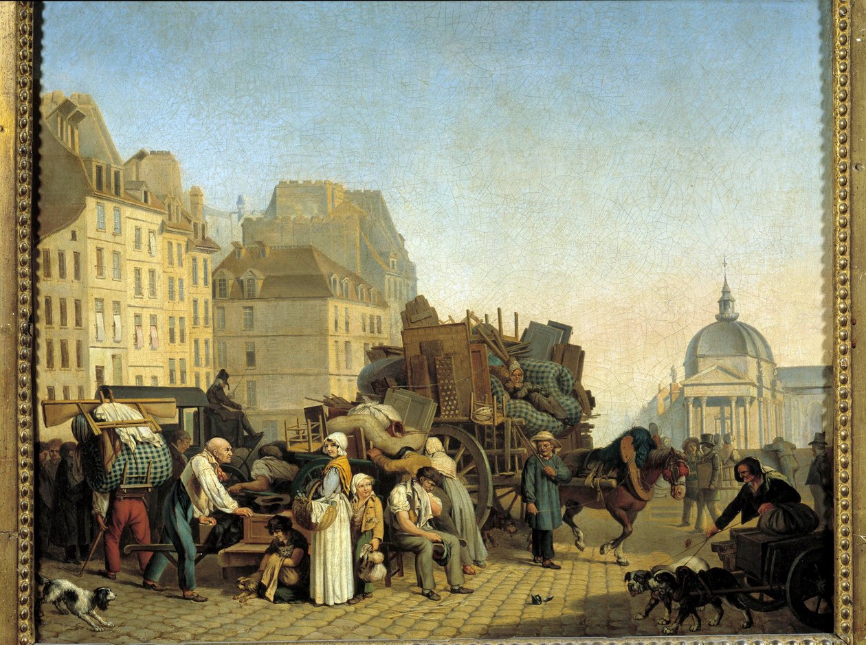 Parisiska ersättare vid byte av boende lastar en vagn med företag och möbler på en gata i Paris. Målning av Louis Leopold Boilly (1761-1845). 1840 Paris, Musee Cognacq Jay av Louis Leopold Boilly