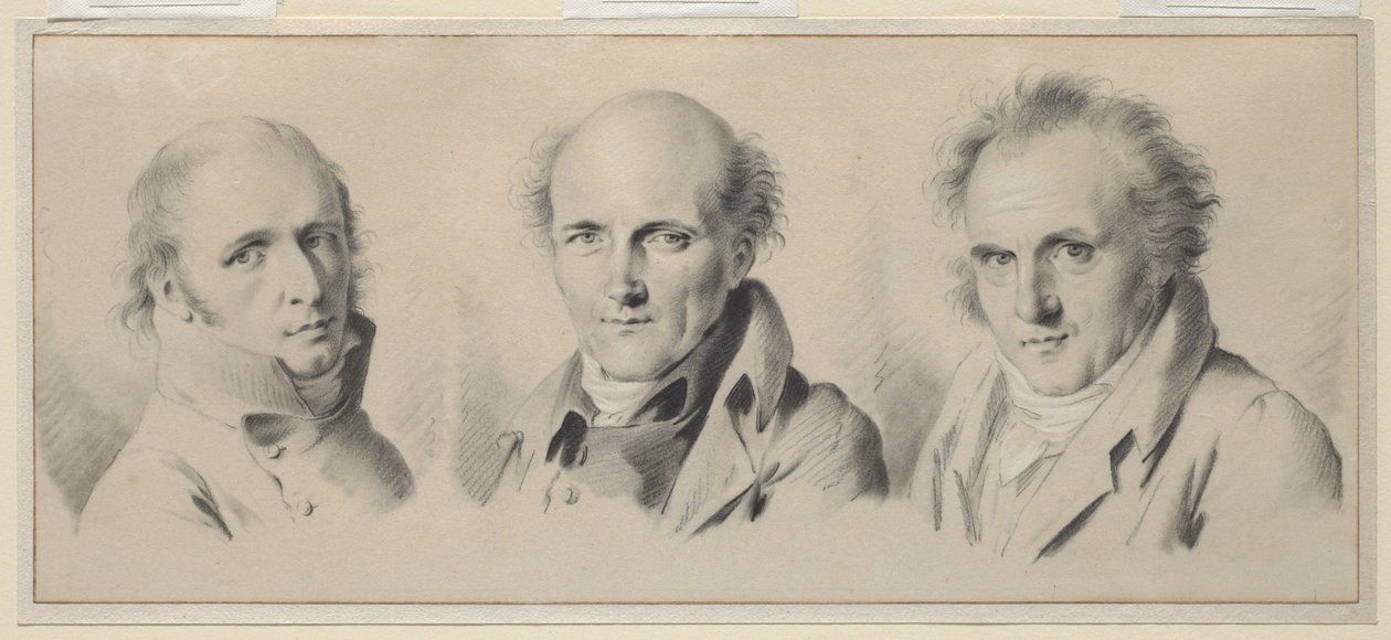 Porträtt av Charles Percier, Pierre-Francois Leotard Fontaine och Claude-Louis Bernier, före 1807 av Louis Leopold Boilly